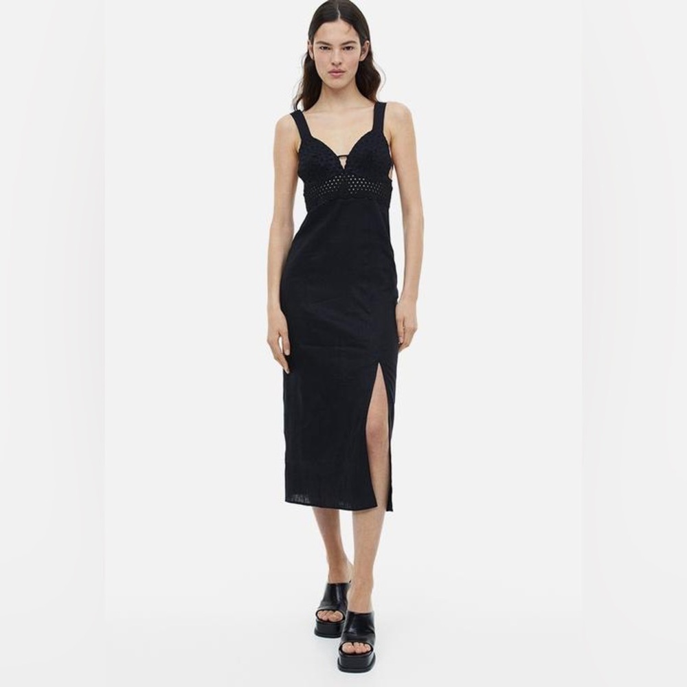 H&M NEW Linen Blend Eyelet Midi Dress Black Slit Old Money Lace Size M Boho Chic